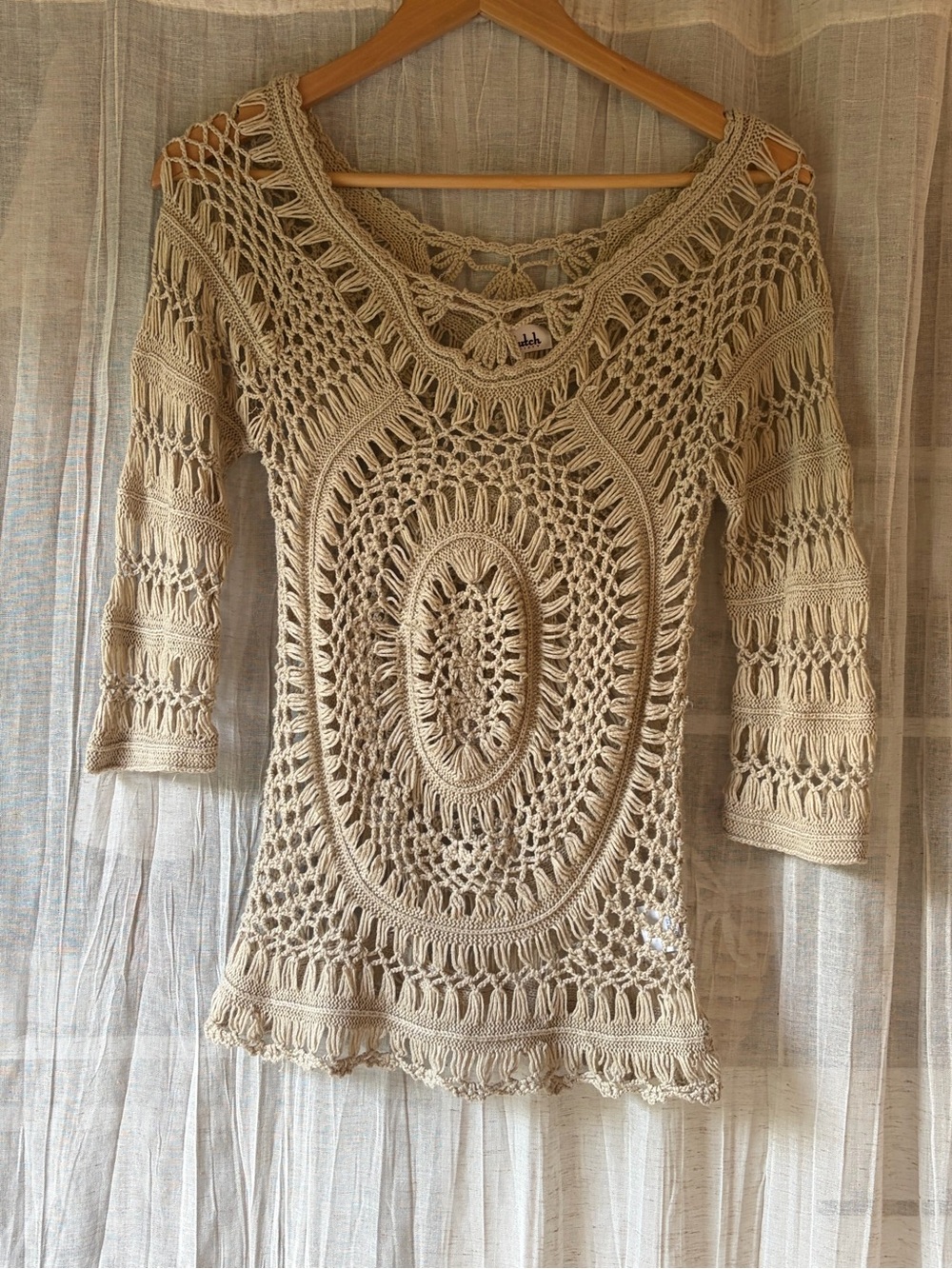 Crochet Boho Openwork Long Sleeve Tee in Beige Small/Medium